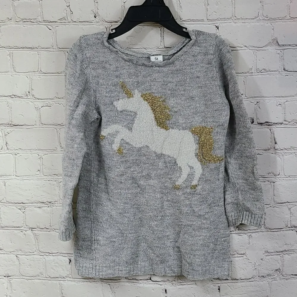 Carter's 5T Unicorn Sweater Lurex Knitted Gray Metallic Gold Pullover Toddler 5